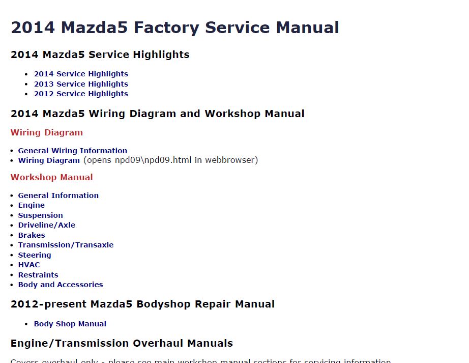 YEAR SPECIFIC 2014 MAZDA5 FACTORY REPAIR SERVICE MANUAL & WIRING DIAGRAMS
